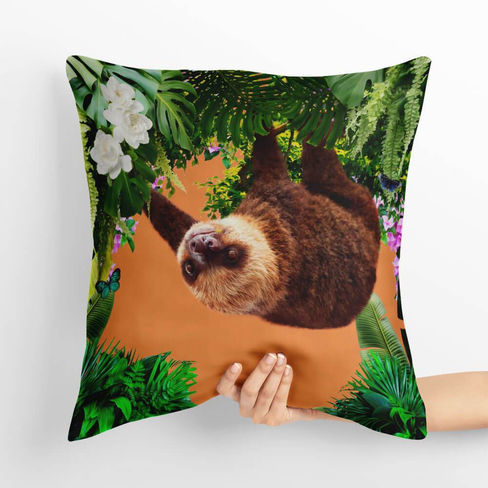 Outdoor Garden Waterproof Cushion - The Relaxing Sloth - Burnt Orange 50 x 50 cm by Izabela Peters