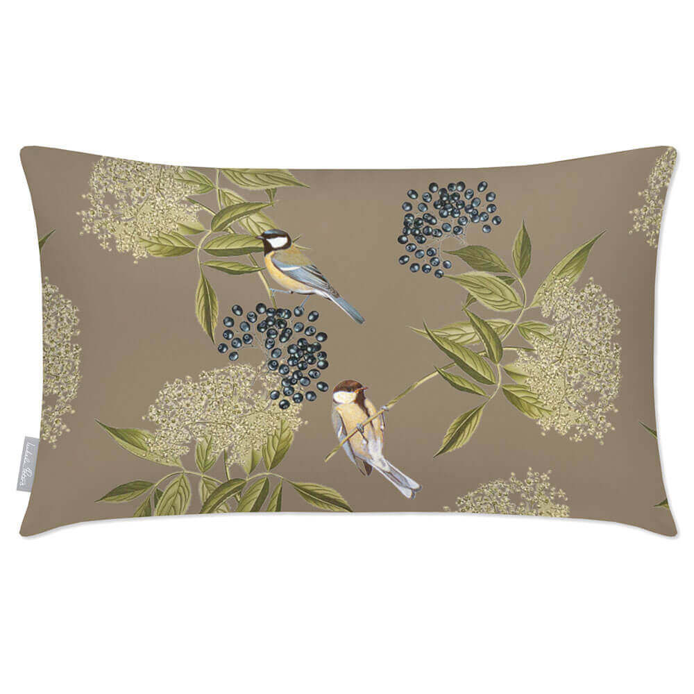 Outdoor Garden Waterproof Rectangle Cushion - Birds On Elderflower - Taupe 50 x 30 cm by Izabela Peters