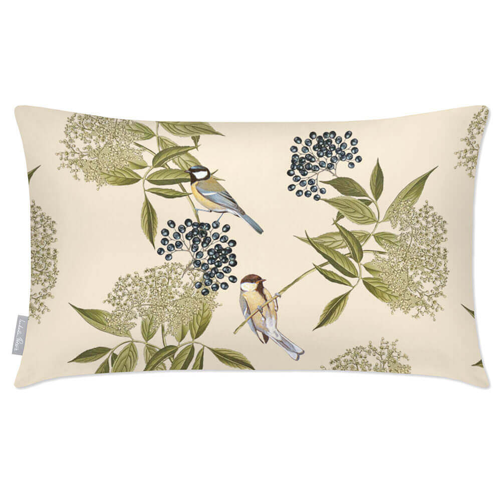 Outdoor Garden Waterproof Rectangle Cushion - Birds On Elderflower - Cream 50 x 30 cm by Izabela Peters