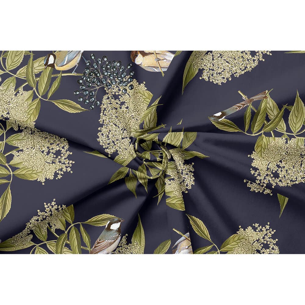 Bird On Elderflower velvet fabric in Graphite