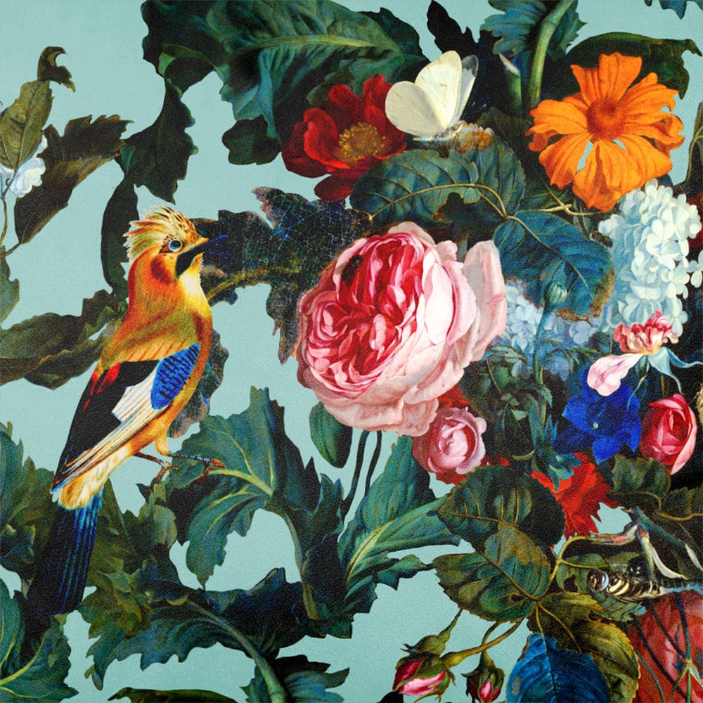 Upholstery Curtain Fabric - Luxury Eco - Friendly Velvet - Birds In Paradise - Blue Surf by Izabela Peters