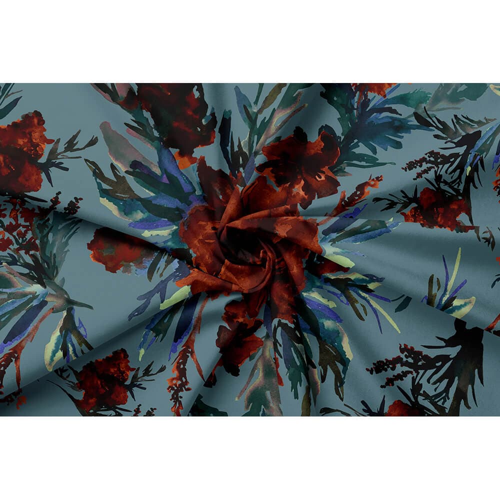 Floral Display velvet fabric in Orange Rust On Teal
