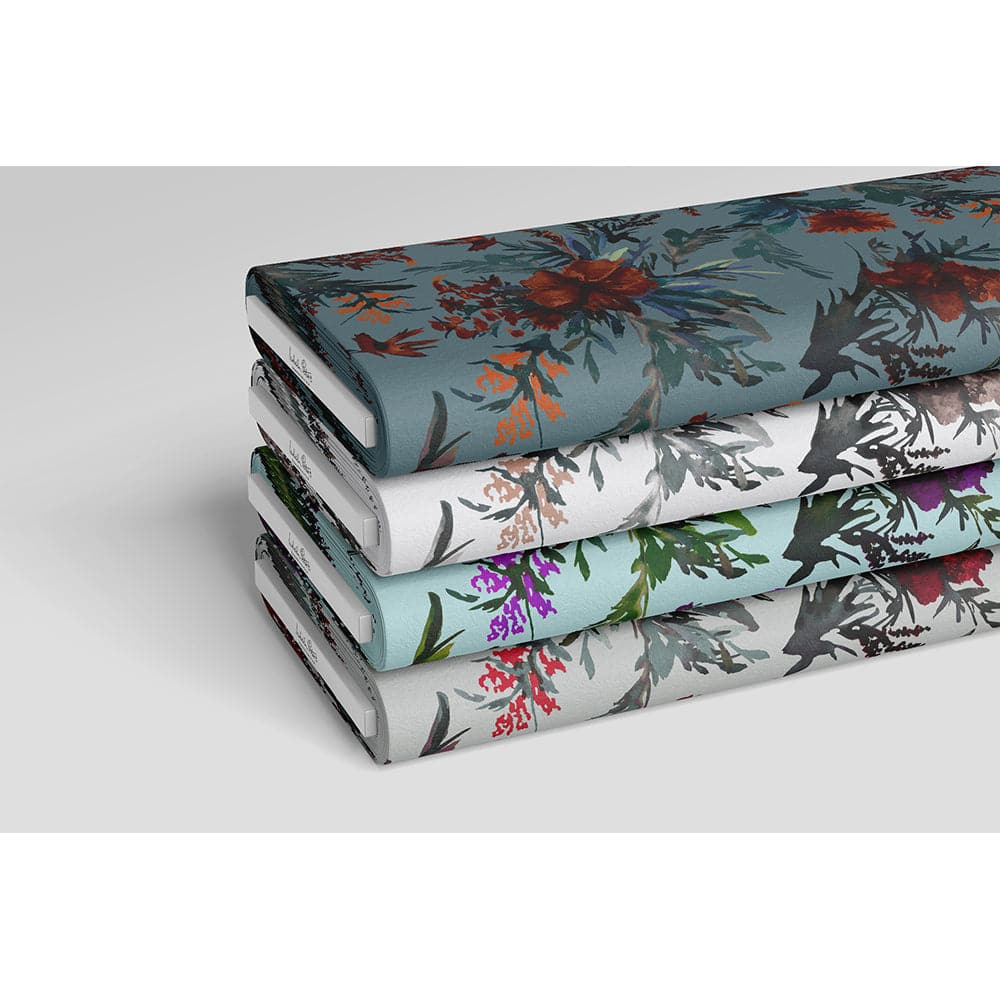Floral Display velvet fabric in Orange Rust On Teal