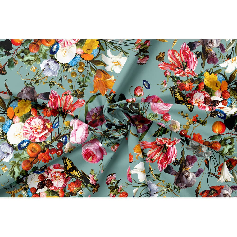 Upholstery Curtain Fabric - Luxury Eco - Friendly Velvet - Floral Dream - Blue Surf by Izabela Peters