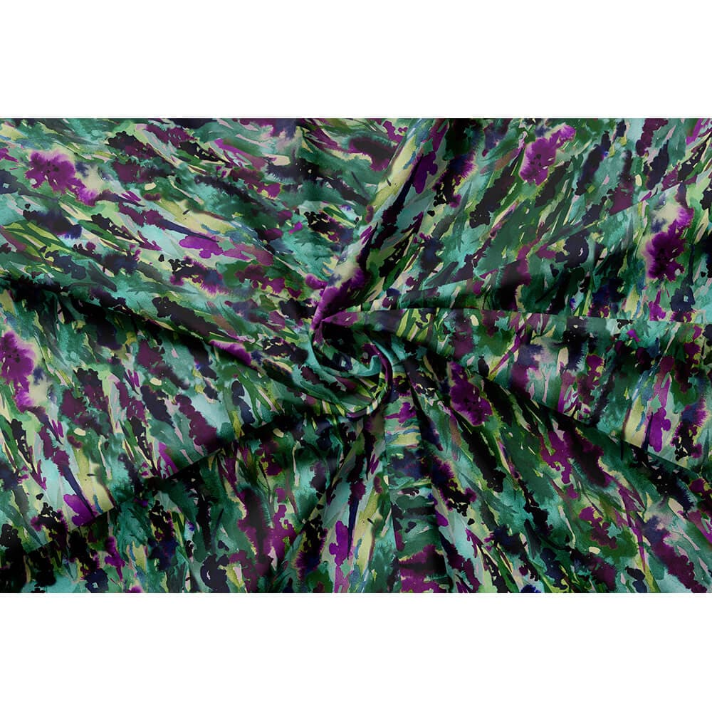 Floral Meadow velvet fabric in Violet On Shades Of Forest Green