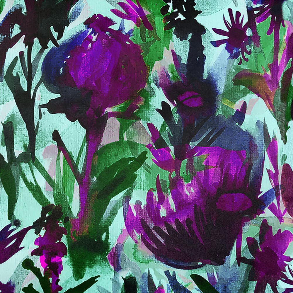 Upholstery Curtain Fabric - Luxury Eco - Friendly Velvet - Herbaceous Border - Violet On Shades Of Forest Green by Izabela Peters