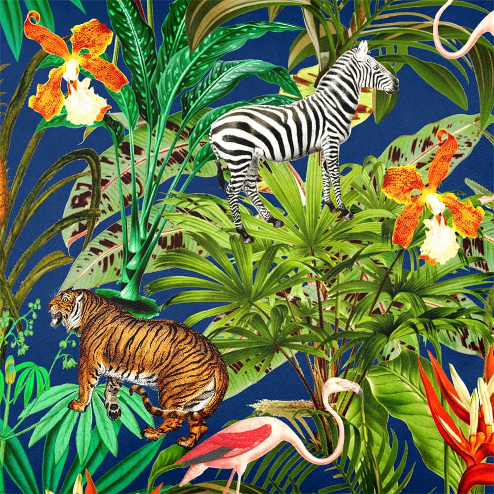 Upholstery Curtain Fabric - Luxury Eco - Friendly Velvet - Jungle Fusion - Estate Blue by Izabela Peters