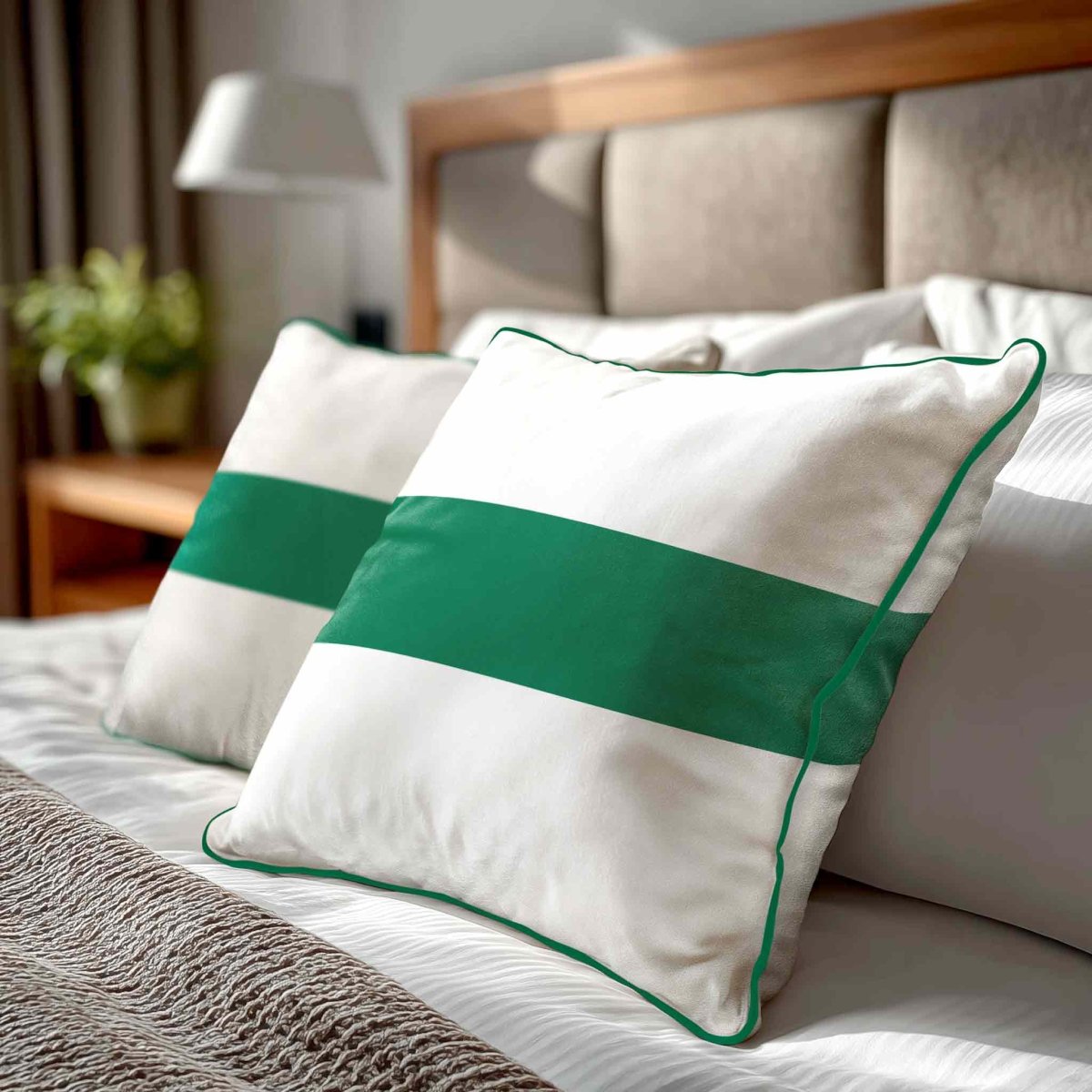 1 Stripe Horizontal | Sustainable Velvet Cushion with Piping - Emerald Green 40 x 40 cm by Izabela Peters