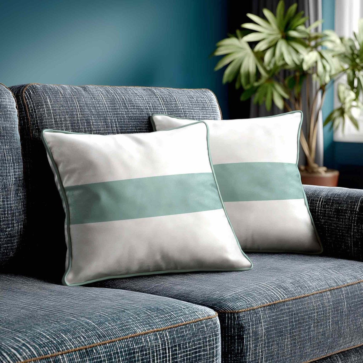 1 Stripe Horizontal | Sustainable Velvet Cushion with Piping - Blue Surf 40 x 40 cm by Izabela Peters