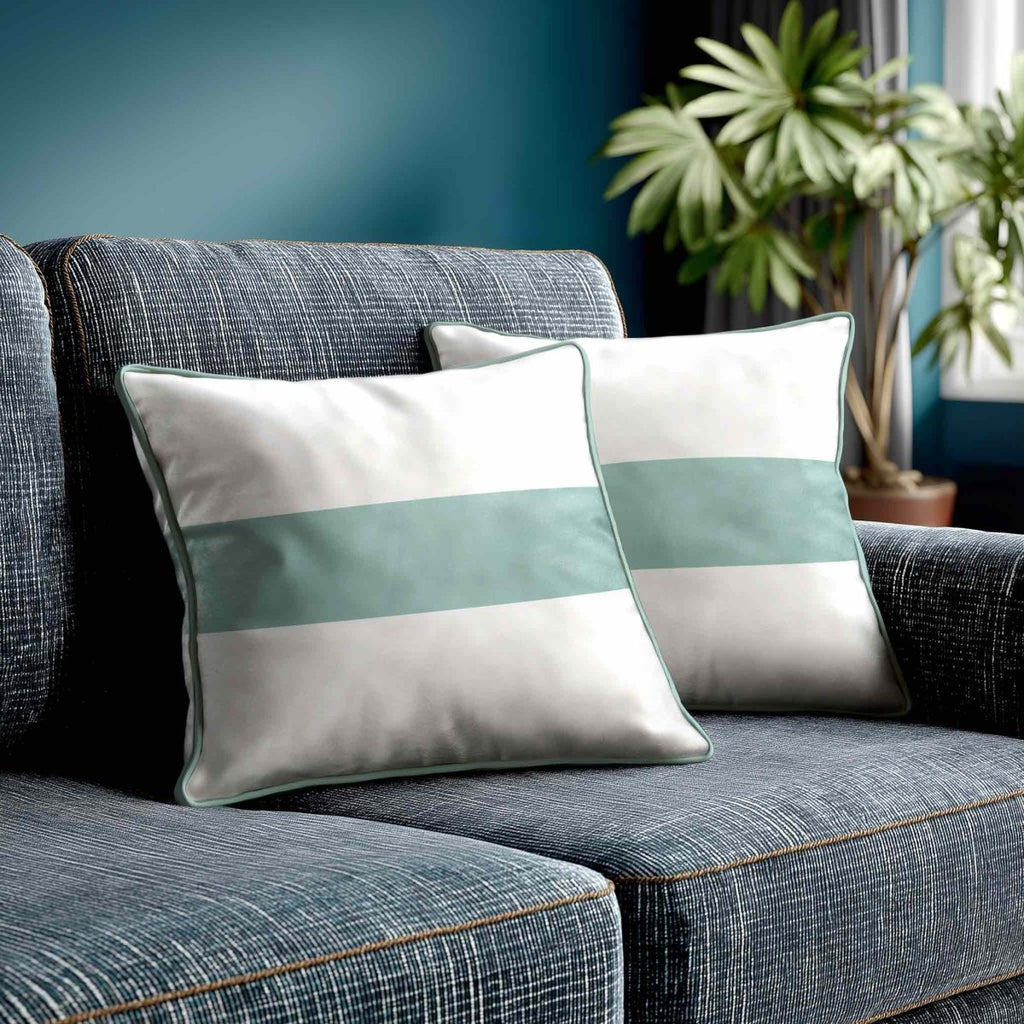 1 Stripe Horizontal | Sustainable Velvet Cushion with Piping - Blue Surf 40 x 40 cm by Izabela Peters