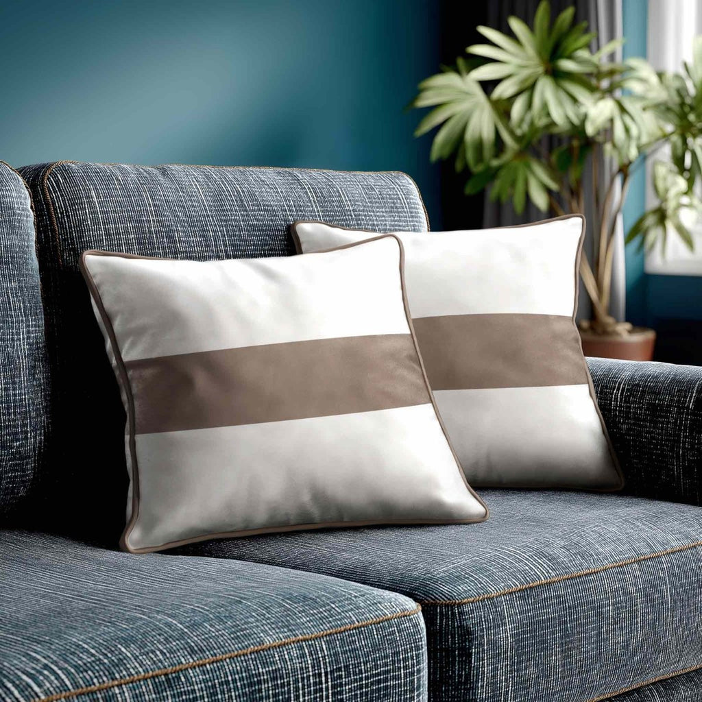 1 Stripe Horizontal | Sustainable Velvet Cushion with Piping - Dovedale Stone 40 x 40 cm by Izabela Peters