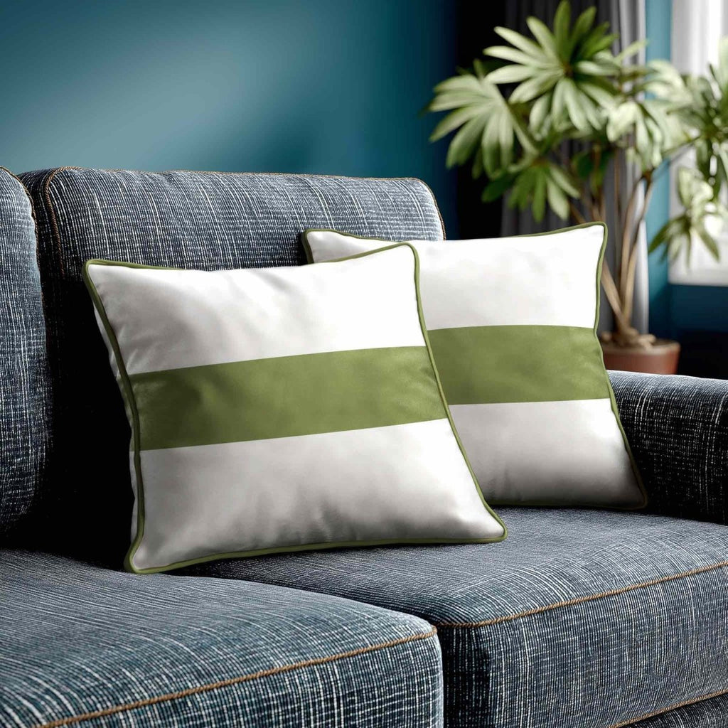 1 Stripe Horizontal | Sustainable Velvet Cushion with Piping - Sage 40 x 40 cm by Izabela Peters
