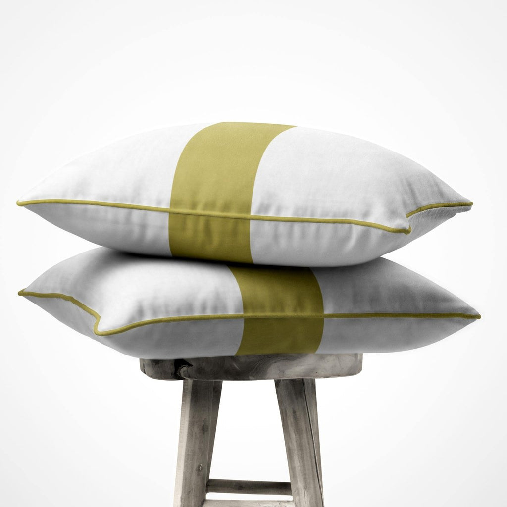1 Stripe Horizontal | Sustainable Velvet Cushion with Piping - Golden Lime 40 x 40 cm by Izabela Peters