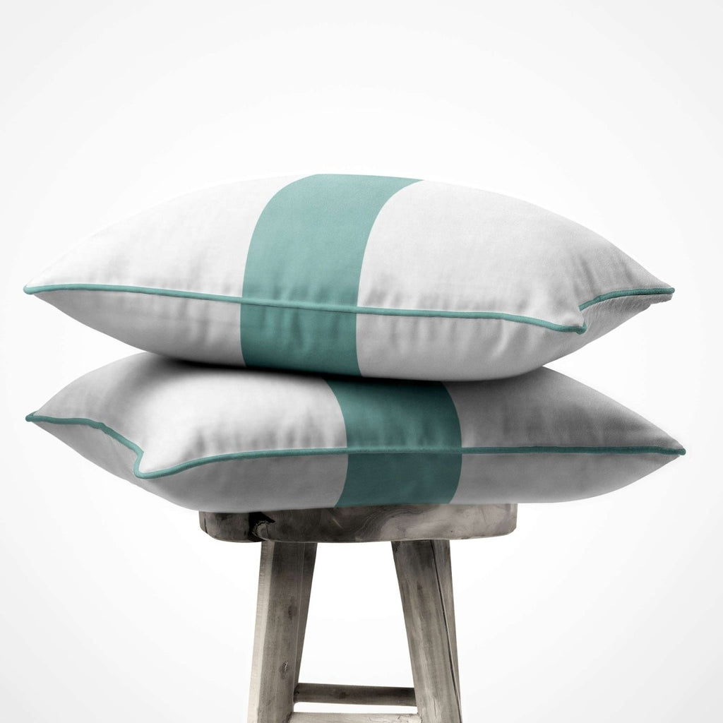 1 Stripe Horizontal | Sustainable Velvet Cushion with Piping - Blue Surf 40 x 40 cm by Izabela Peters