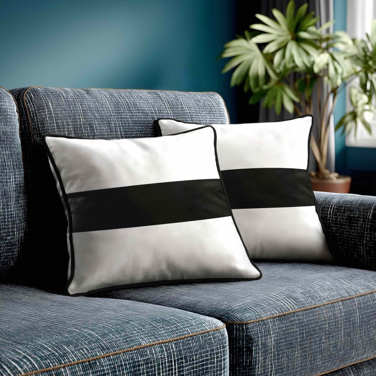 1 Stripe Horizontal | Sustainable Velvet Cushion with Piping - Charcoal 40 x 40 cm by Izabela Peters