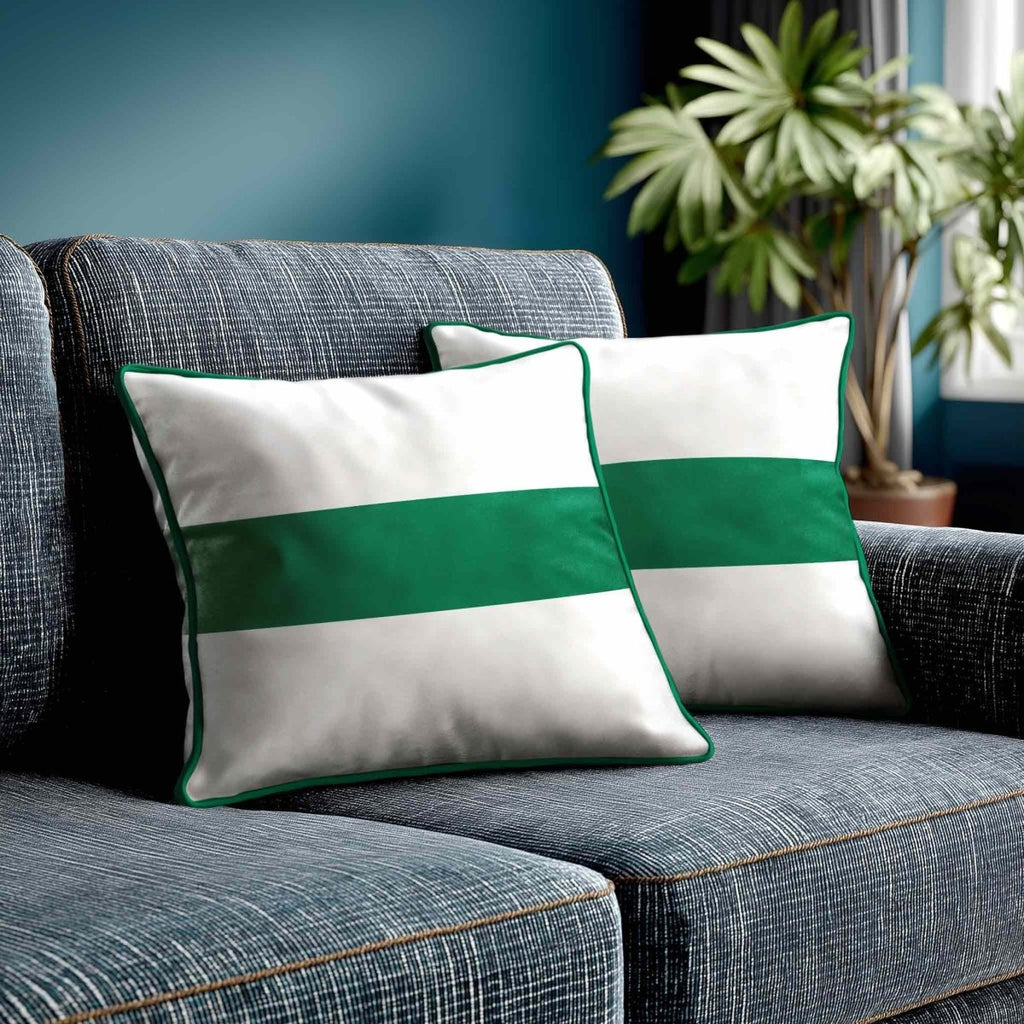 1 Stripe Horizontal | Sustainable Velvet Cushion with Piping - Emerald Green 40 x 40 cm by Izabela Peters