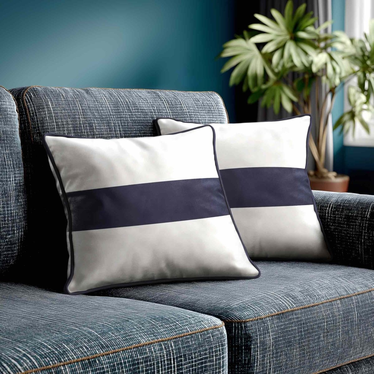 1 Stripe Horizontal | Sustainable Velvet Cushion with Piping - Graphite 40 x 40 cm by Izabela Peters