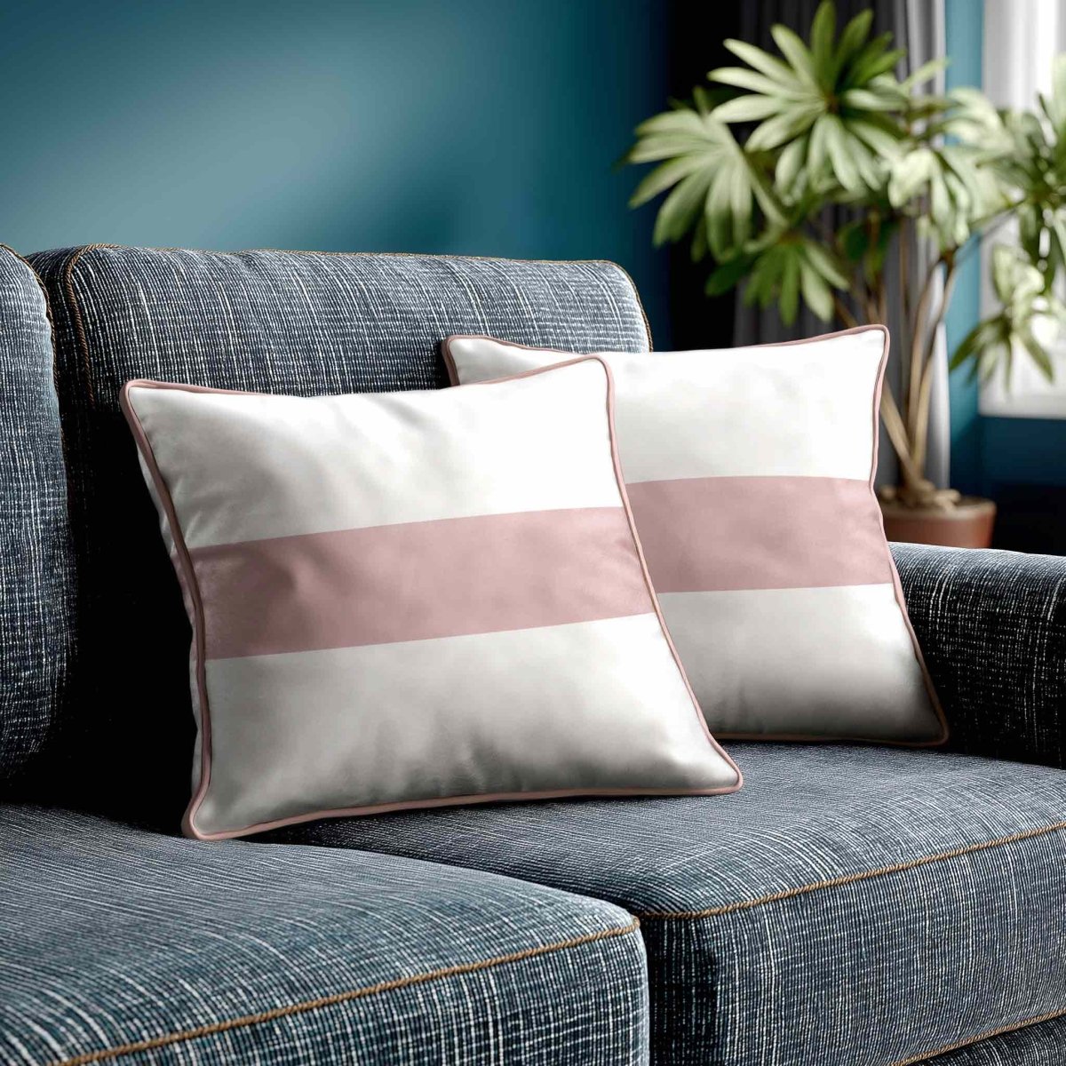1 Stripe Horizontal | Sustainable Velvet Cushion with Piping - Rosewater 40 x 40 cm by Izabela Peters