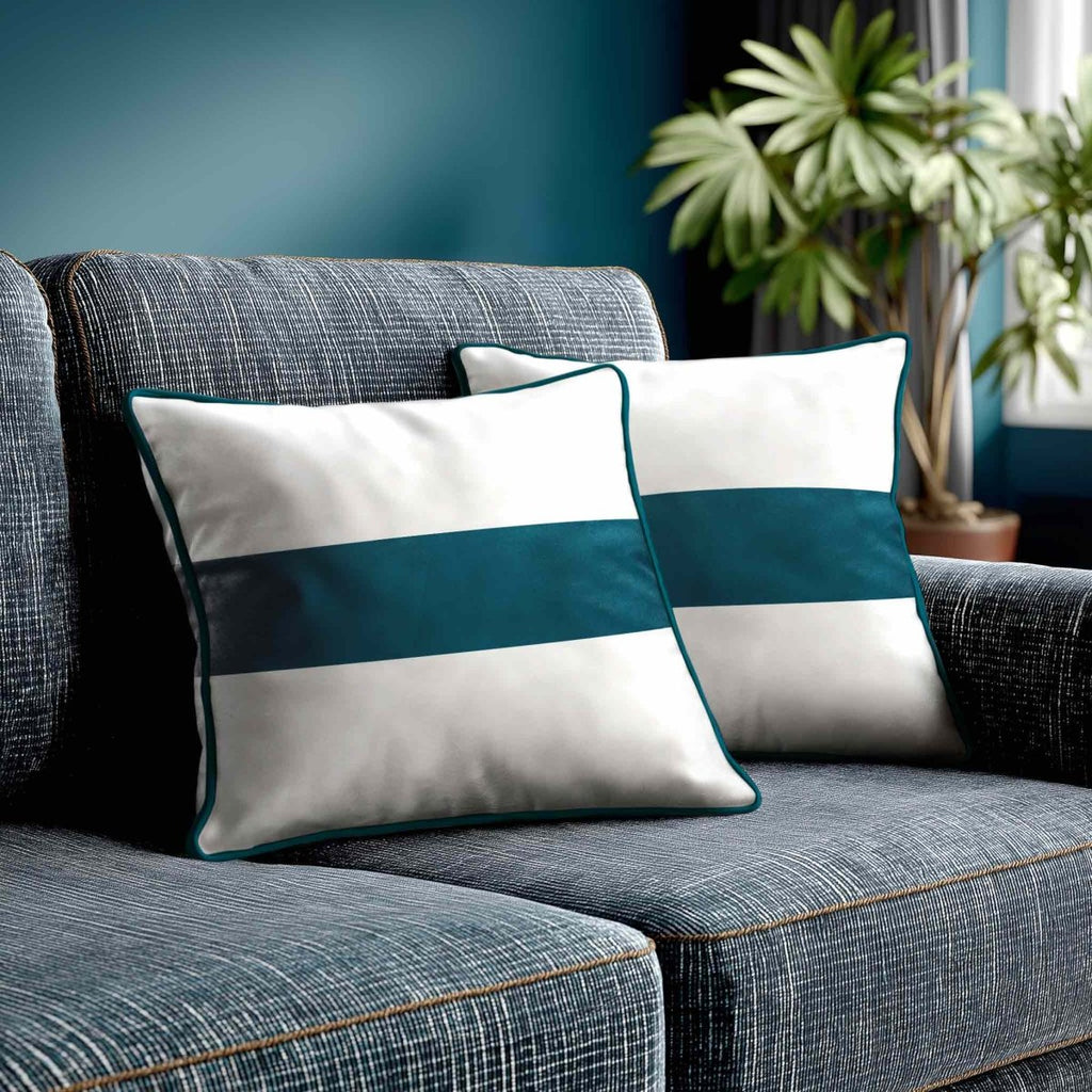 1 Stripe Horizontal | Sustainable Velvet Cushion with Piping - Teal 40 x 40 cm by Izabela Peters