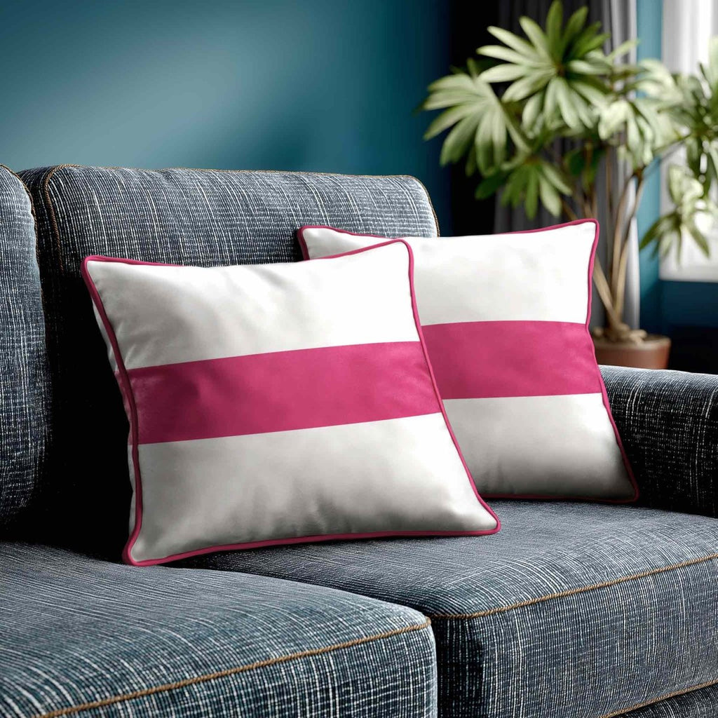 1 Stripe Horizontal | Sustainable Velvet Cushion with Piping - Hot Pink 40 x 40 cm by Izabela Peters