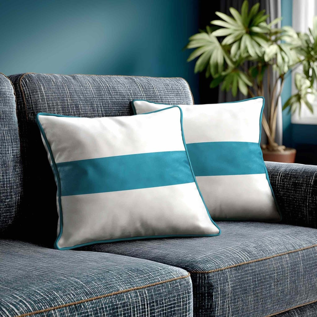 1 Stripe Horizontal | Sustainable Velvet Cushion with Piping - Prussian Blue 40 x 40 cm by Izabela Peters
