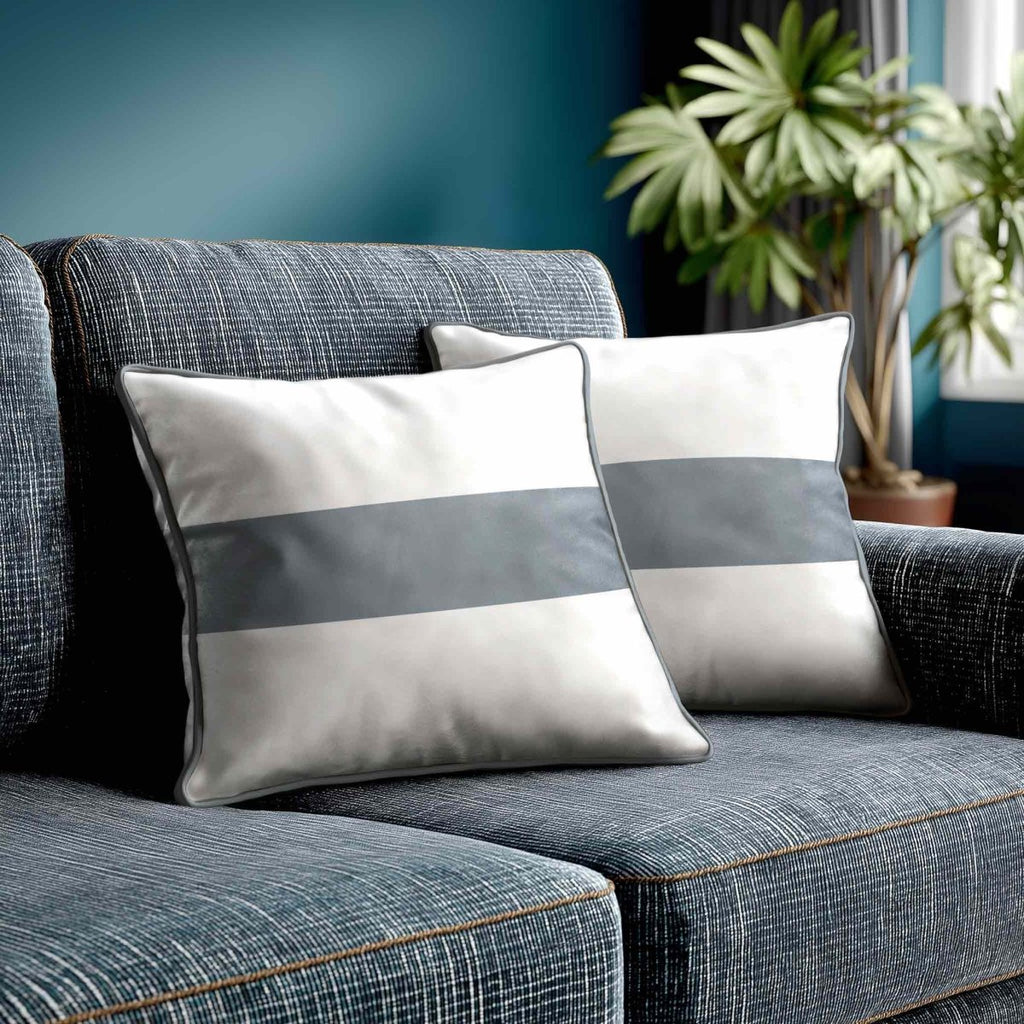 1 Stripe Horizontal | Sustainable Velvet Cushion with Piping - French Grey 40 x 40 cm by Izabela Peters