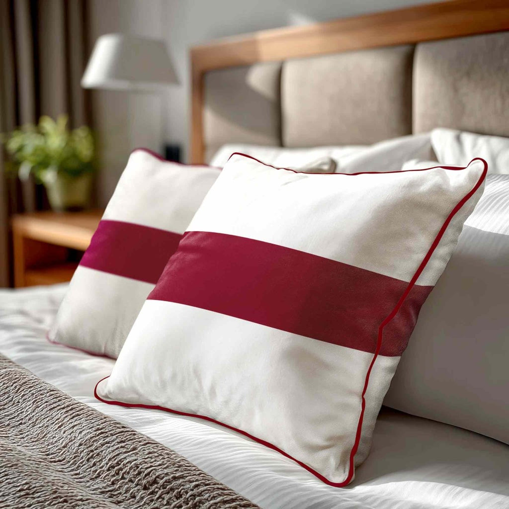 1 Stripe Horizontal | Sustainable Velvet Cushion with Piping - Raspberry Red 40 x 40 cm by Izabela Peters