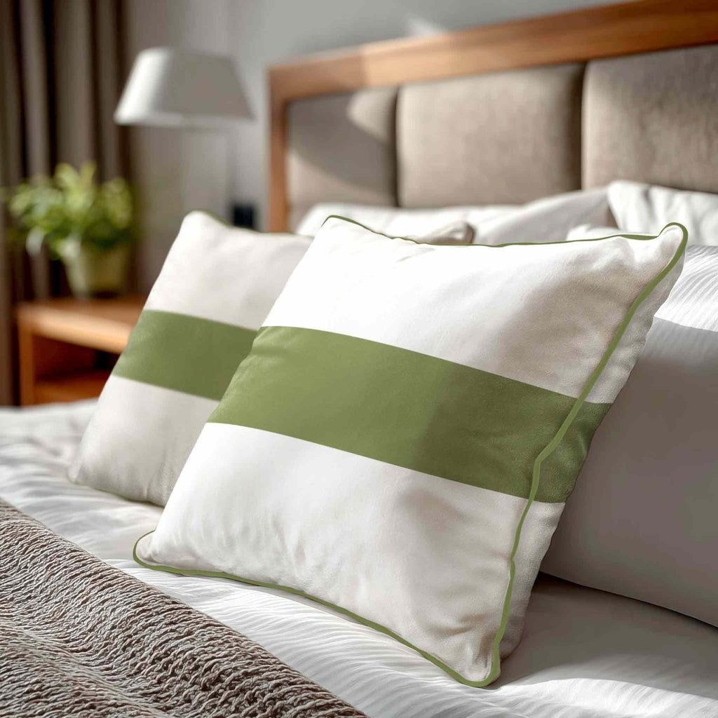 1 Stripe Horizontal | Sustainable Velvet Cushion with Piping - Sage 40 x 40 cm by Izabela Peters