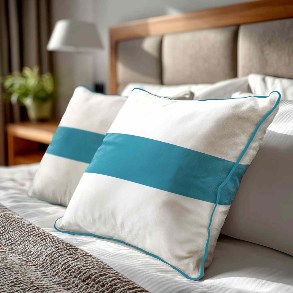 1 Stripe Horizontal | Sustainable Velvet Cushion with Piping - Prussian Blue 40 x 40 cm by Izabela Peters