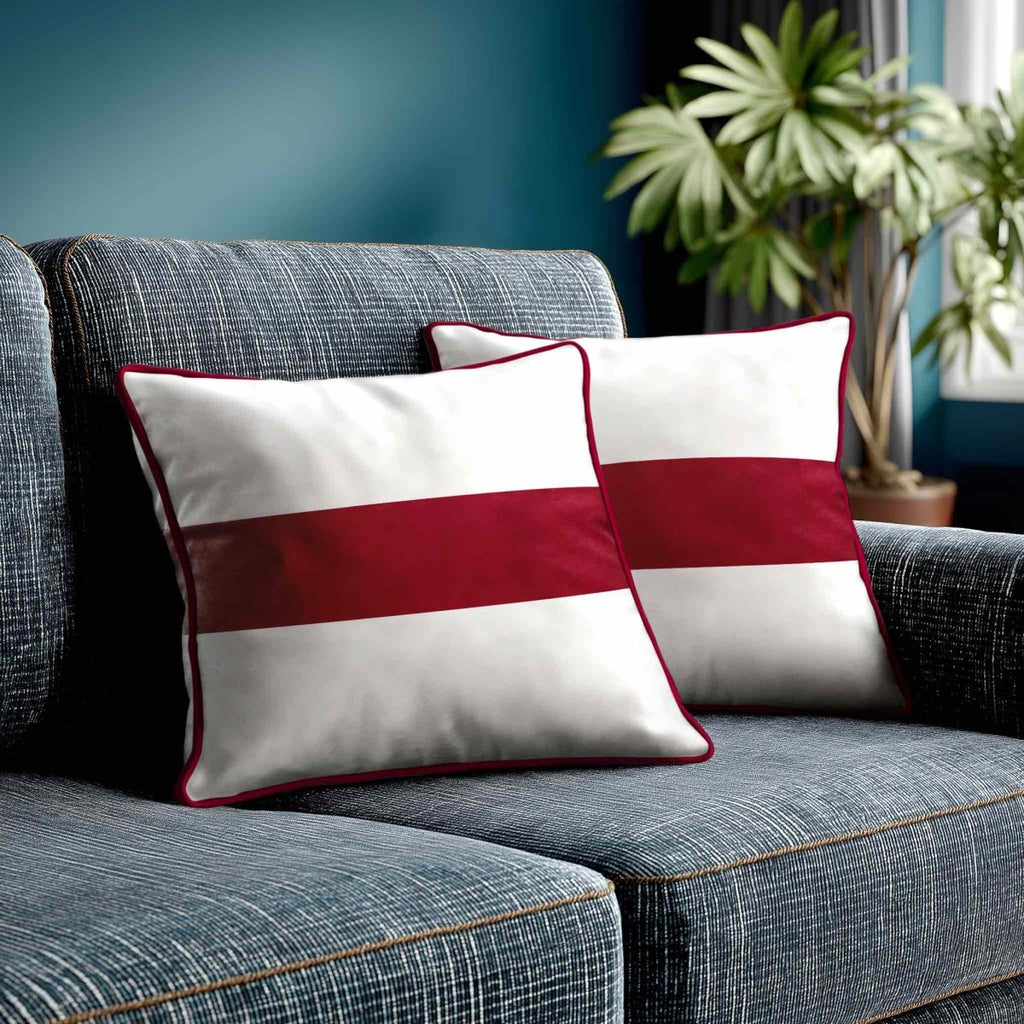 1 Stripe Horizontal | Sustainable Velvet Cushion with Piping - Raspberry Red 40 x 40 cm by Izabela Peters