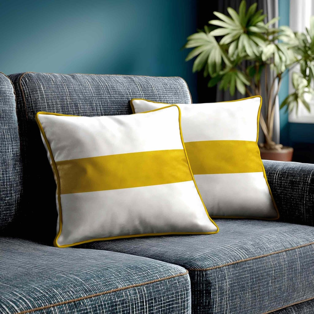 1 Stripe Horizontal | Sustainable Velvet Cushion with Piping - Mustard Ochre 40 x 40 cm by Izabela Peters
