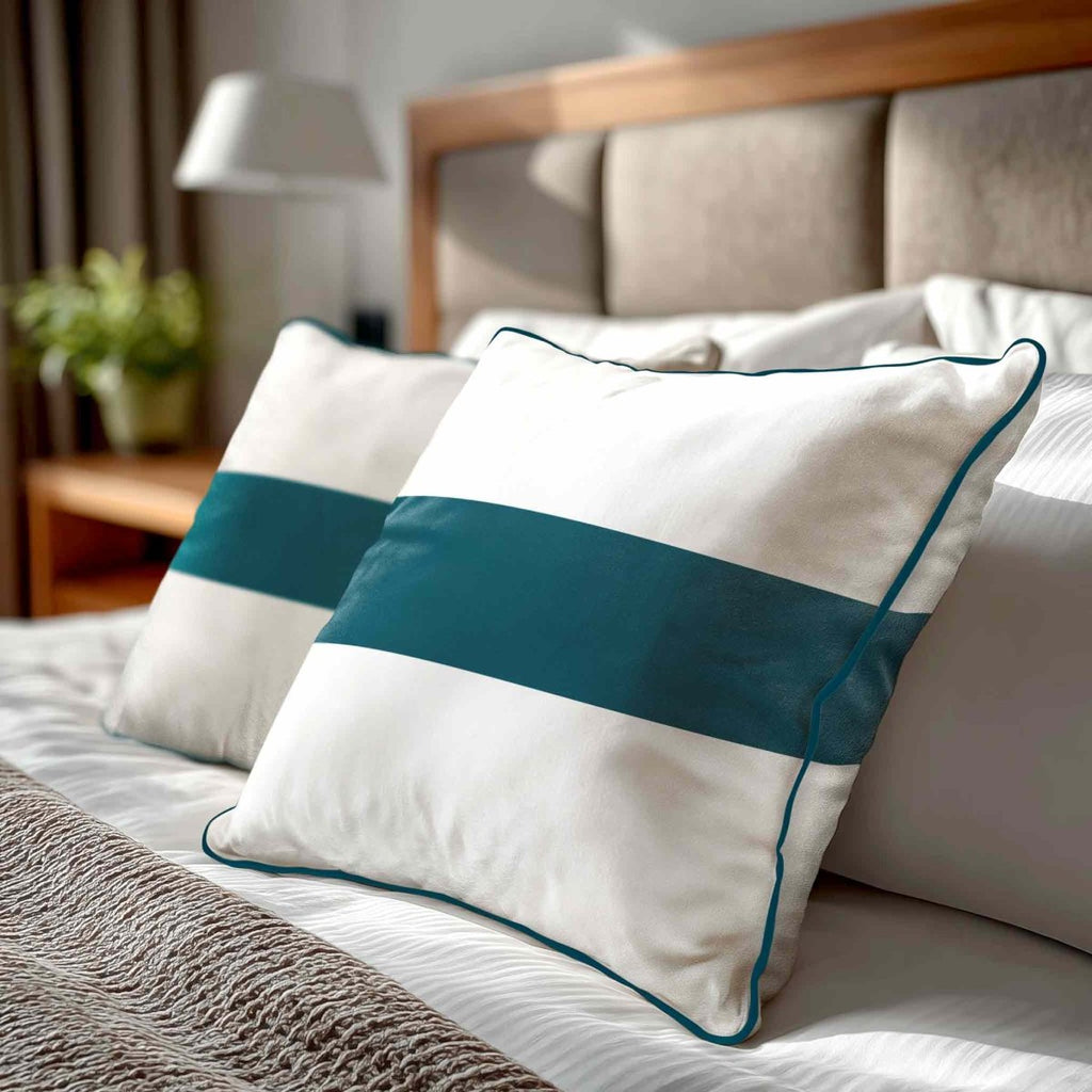 1 Stripe Horizontal | Sustainable Velvet Cushion with Piping - Teal 40 x 40 cm by Izabela Peters