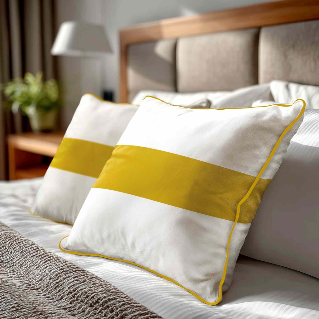1 Stripe Horizontal | Sustainable Velvet Cushion with Piping - Mustard Ochre 40 x 40 cm by Izabela Peters