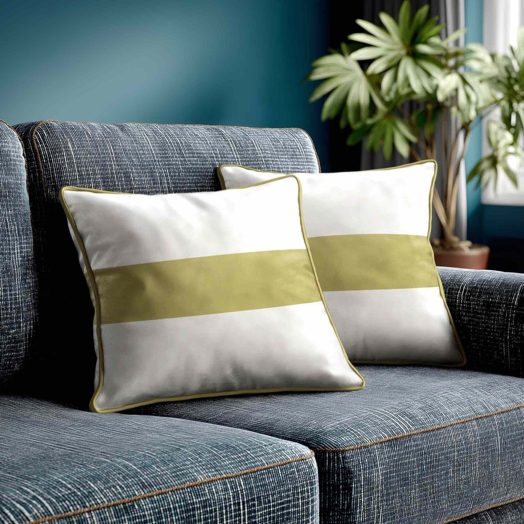1 Stripe Horizontal | Sustainable Velvet Cushion with Piping - Golden Lime 40 x 40 cm by Izabela Peters