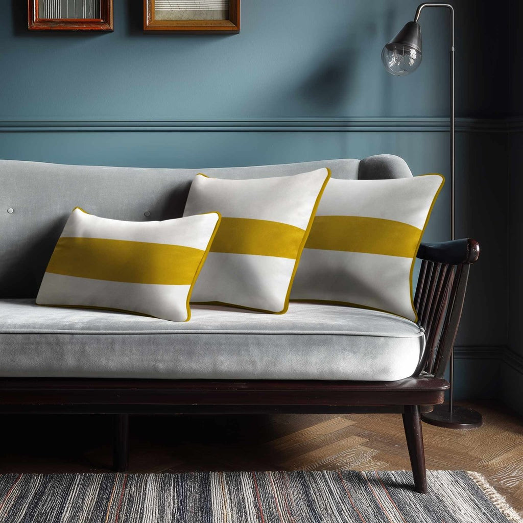 1 Stripe Horizontal | Sustainable Velvet Rectangle Cushion - Mustard Ochre 50 x 30 cm by Izabela Peters