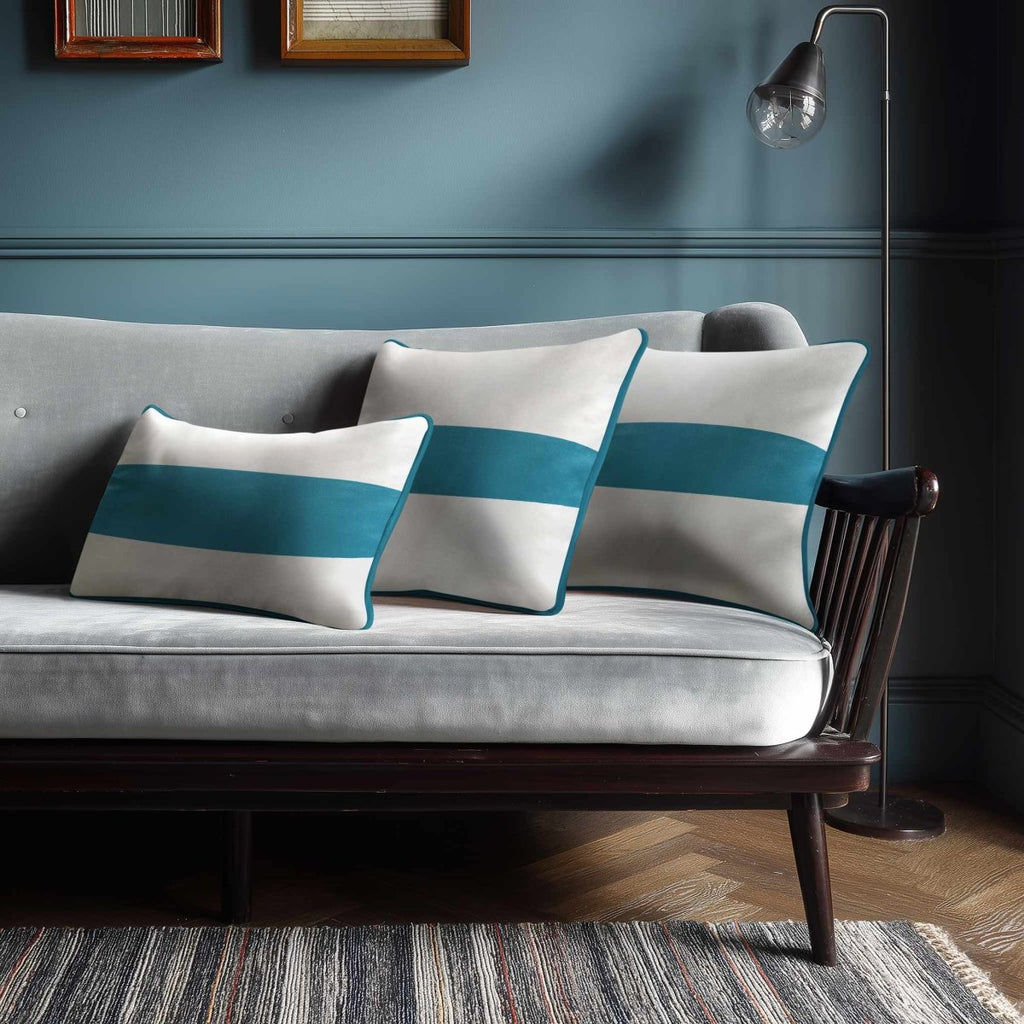 1 Stripe Horizontal | Sustainable Velvet Rectangle Cushion - Prussian Blue 50 x 30 cm by Izabela Peters