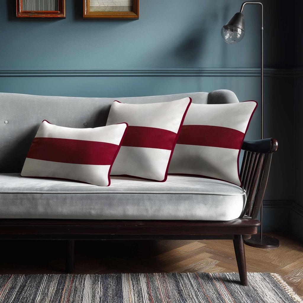 1 Stripe Horizontal | Sustainable Velvet Rectangle Cushion - Raspberry Red 50 x 30 cm by Izabela Peters