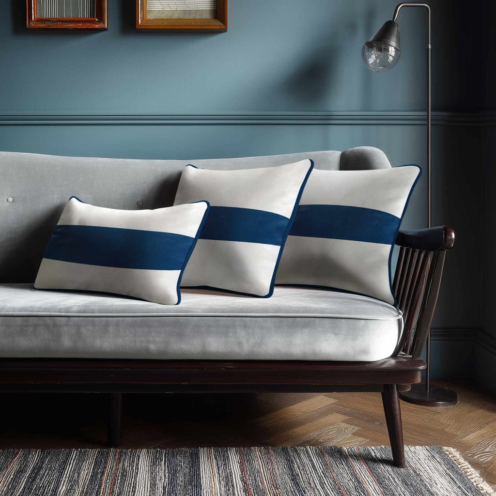 1 Stripe Horizontal | Sustainable Velvet Rectangle Cushion - Estate Blue 50 x 30 cm by Izabela Peters