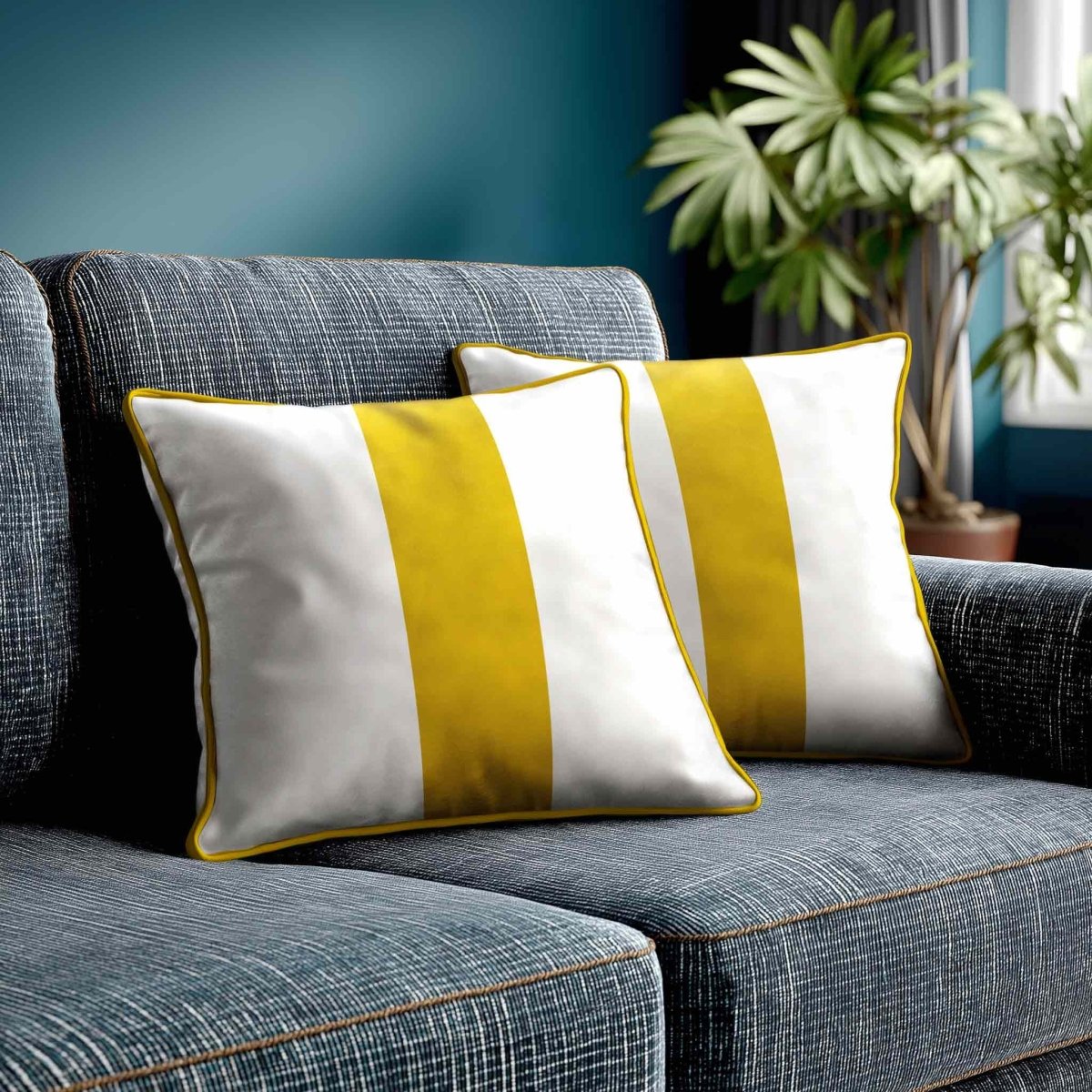 1 Stripe | Sustainable Velvet Cushion with Piping - Mustard Ochre 40 x 40 cm by Izabela Peters