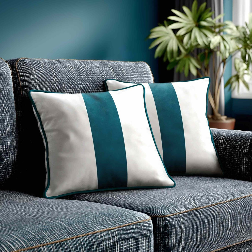 1 Stripe | Sustainable Velvet Cushion with Piping - Teal 40 x 40 cm by Izabela Peters