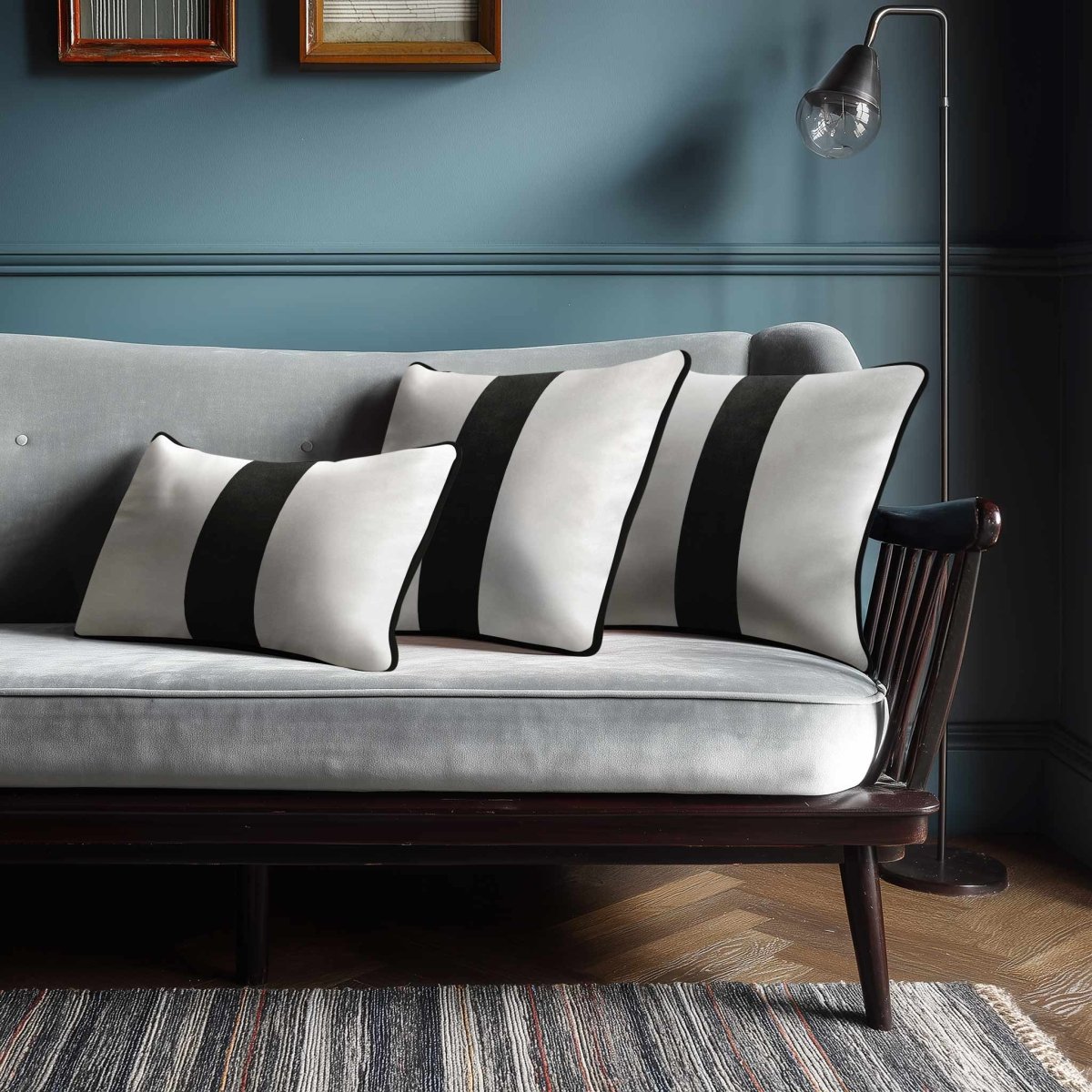 1 Stripe with Piping | Sustainable Velvet Rectangle Cushion - Charcoal 50 x 30 cm by Izabela Peters