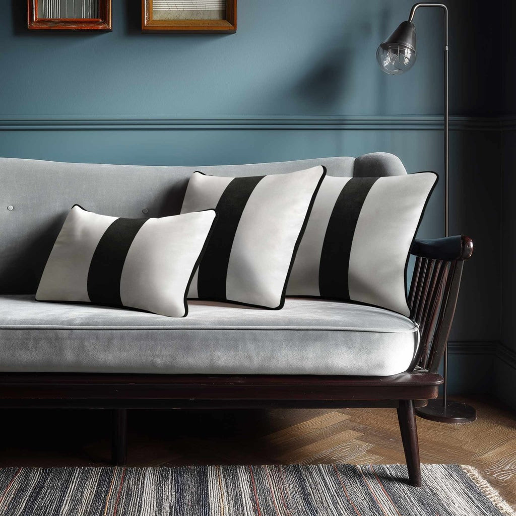 1 Stripe with Piping | Sustainable Velvet Rectangle Cushion - Charcoal 50 x 30 cm by Izabela Peters