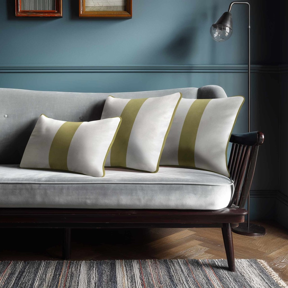 1 Stripe with Piping | Sustainable Velvet Rectangle Cushion - Golden Lime 50 x 30 cm by Izabela Peters