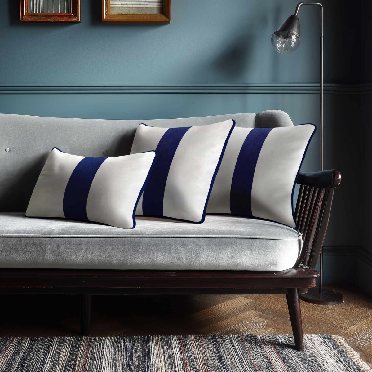 1 Stripe with Piping | Sustainable Velvet Rectangle Cushion - Midnight 50 x 30 cm by Izabela Peters