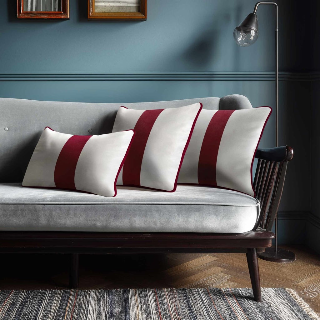 1 Stripe with Piping | Sustainable Velvet Rectangle Cushion - Raspberry Red 50 x 30 cm by Izabela Peters