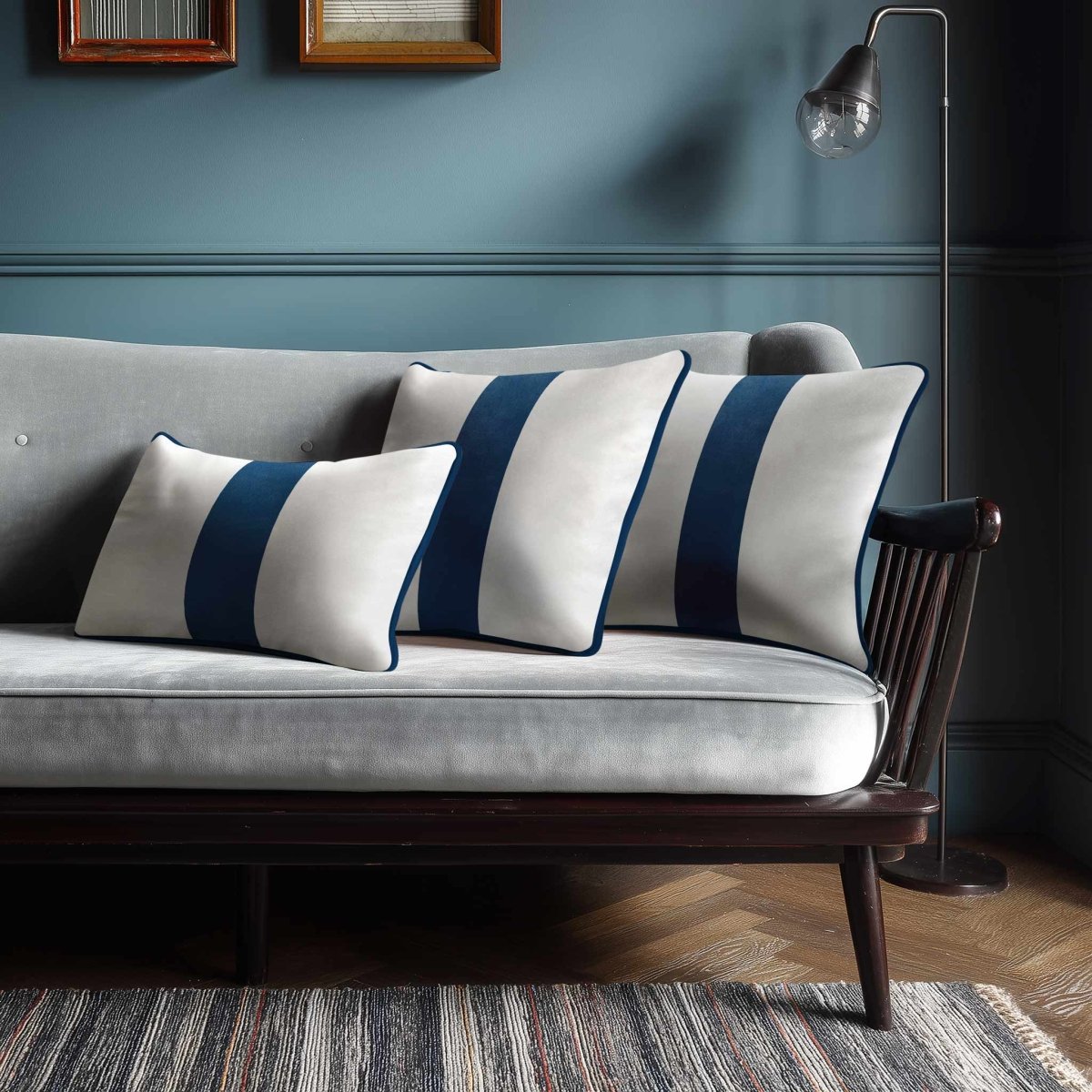 1 Stripe with Piping | Sustainable Velvet Rectangle Cushion - Petrol Blue 50 x 30 cm by Izabela Peters