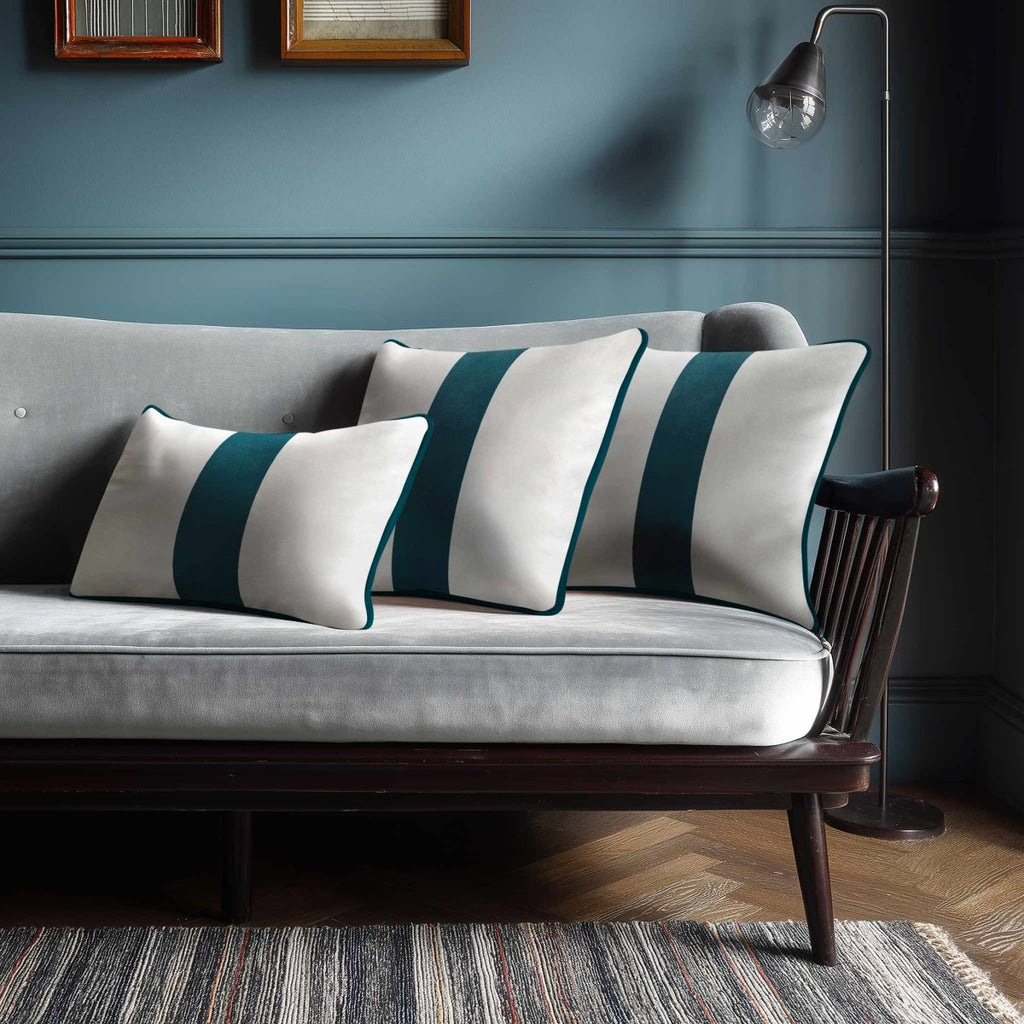 1 Stripe with Piping | Sustainable Velvet Rectangle Cushion - Teal 50 x 30 cm by Izabela Peters