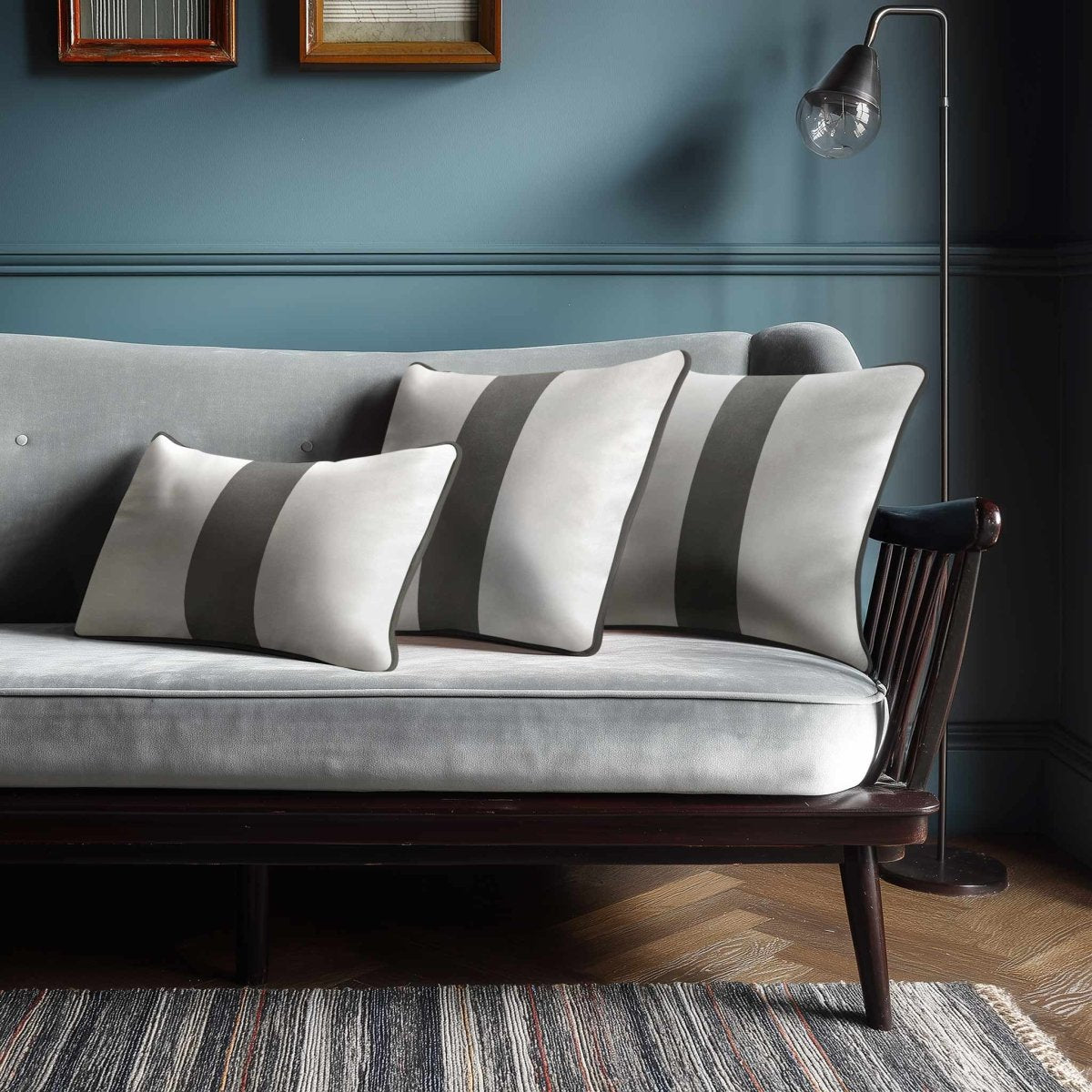 1 Stripe with Piping | Sustainable Velvet Rectangle Cushion - Beluga 50 x 30 cm by Izabela Peters