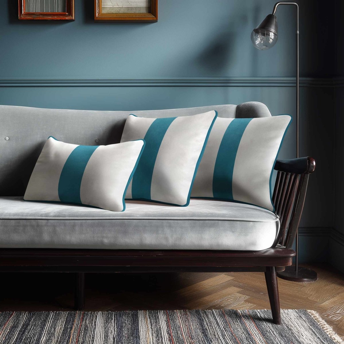 1 Stripe with Piping | Sustainable Velvet Rectangle Cushion - Prussian Blue 50 x 30 cm by Izabela Peters