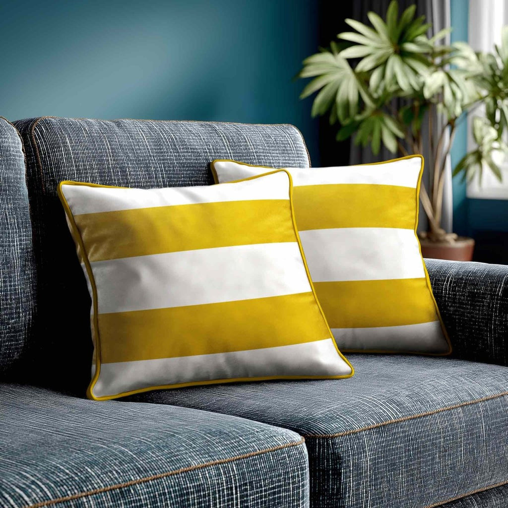 2 Stripes Horizontal | Sustainable Velvet Cushion with Piping - Mustard Ochre 40 x 40 cm by Izabela Peters